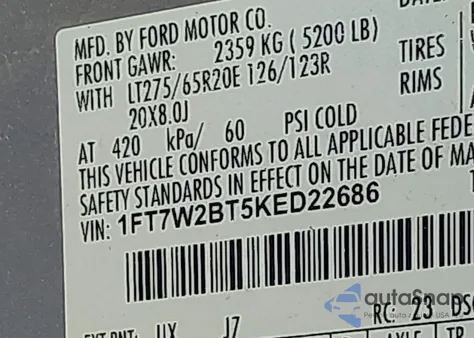 2019 Ford F-250 Lariat из США, поврежденный, VIN 1FT7W2BT5KED22686